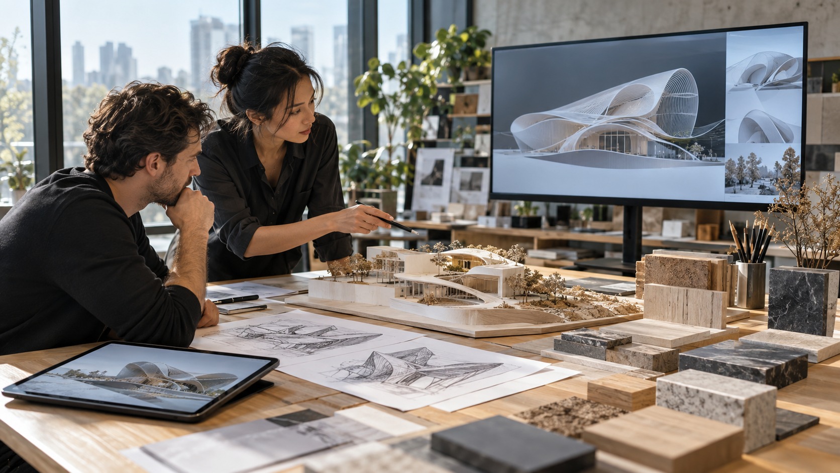 Architects comparing physical models with AI-assisted design tools in a studio