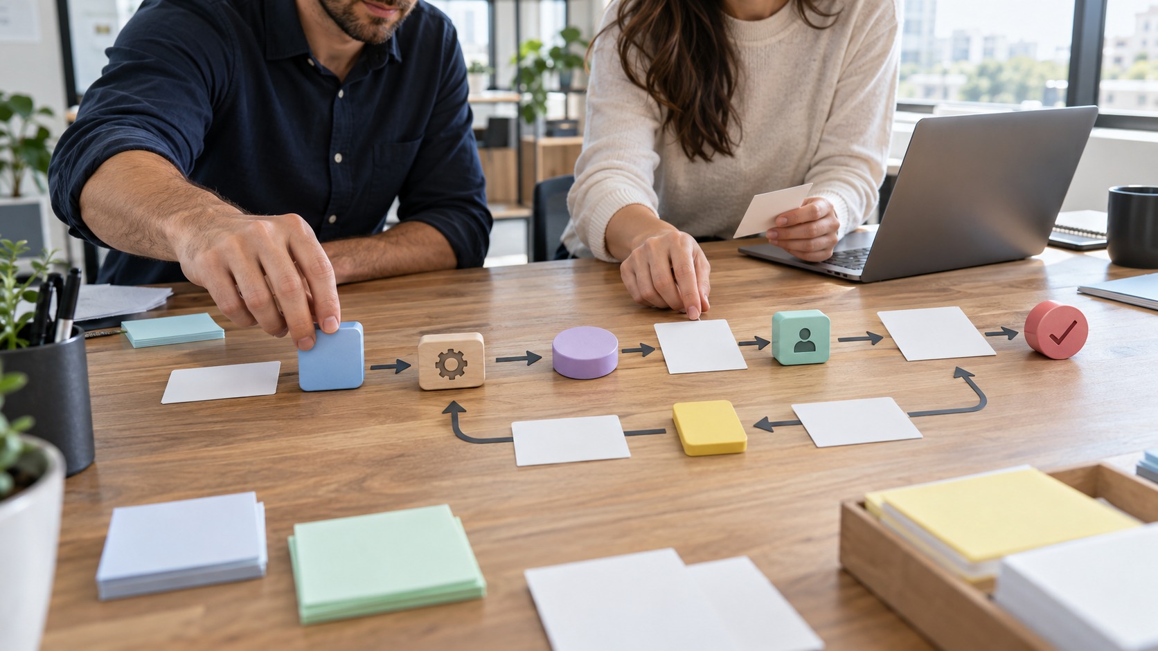 Two people arranging workflow cards and blocks to show an automation process