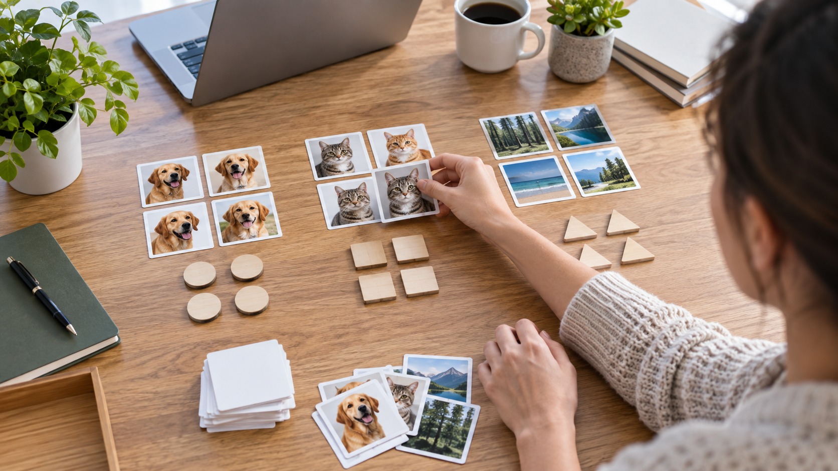 Person sorting example cards into groups to represent machine learning patterns