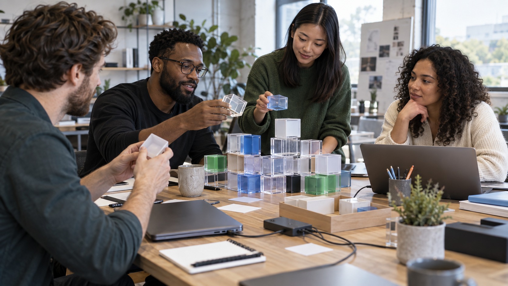 Team building shared transparent blocks at a collaborative AI workspace