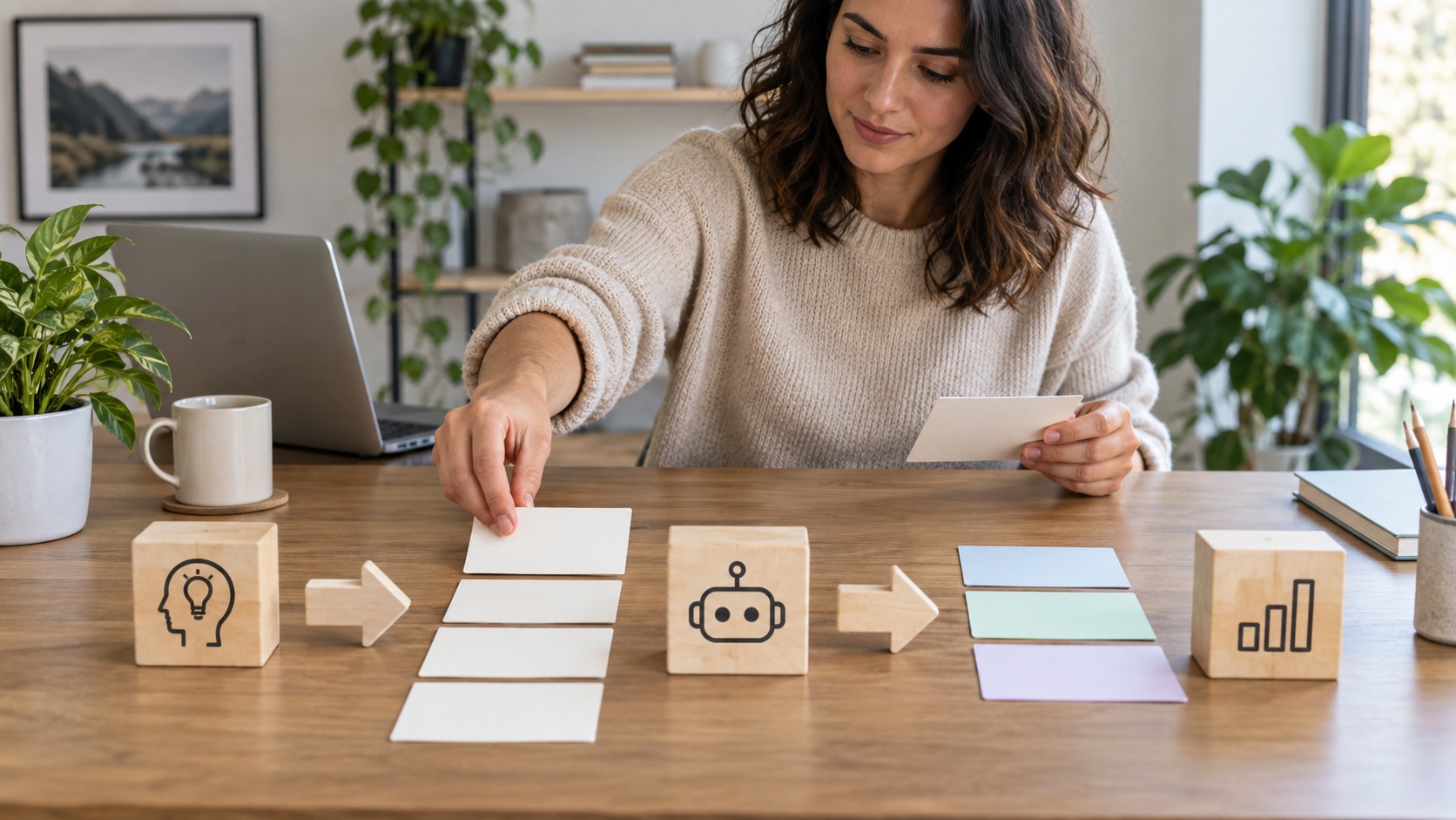 Person arranging blank instruction cards and blocks to show an AI prompting workflow